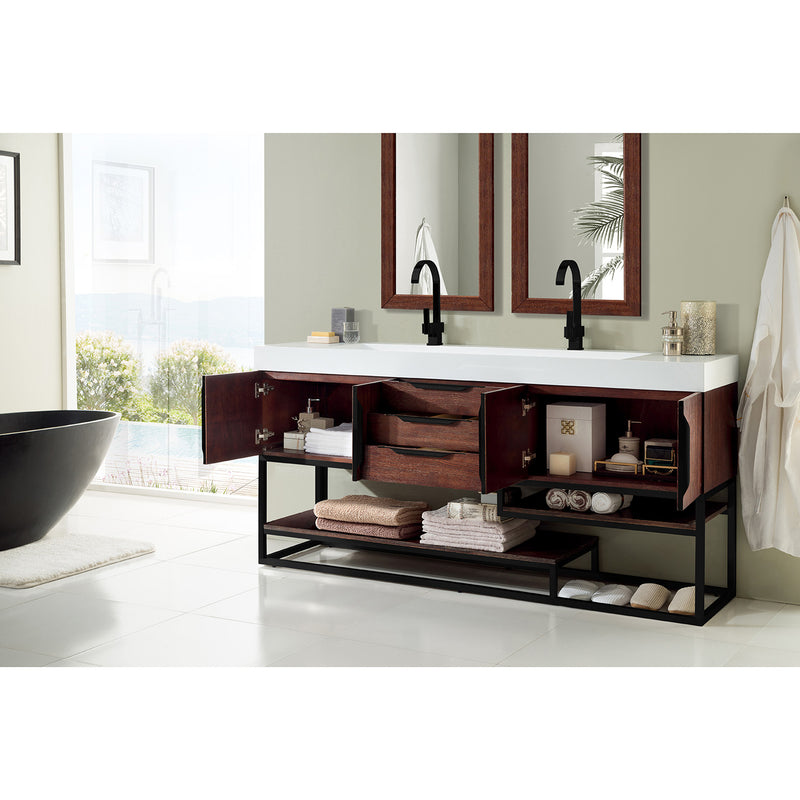 James Martin Columbia 72" Double Vanity Coffee Oak Matte Black with Glossy White Composite Top 388-V72D-CFO-MB-GW