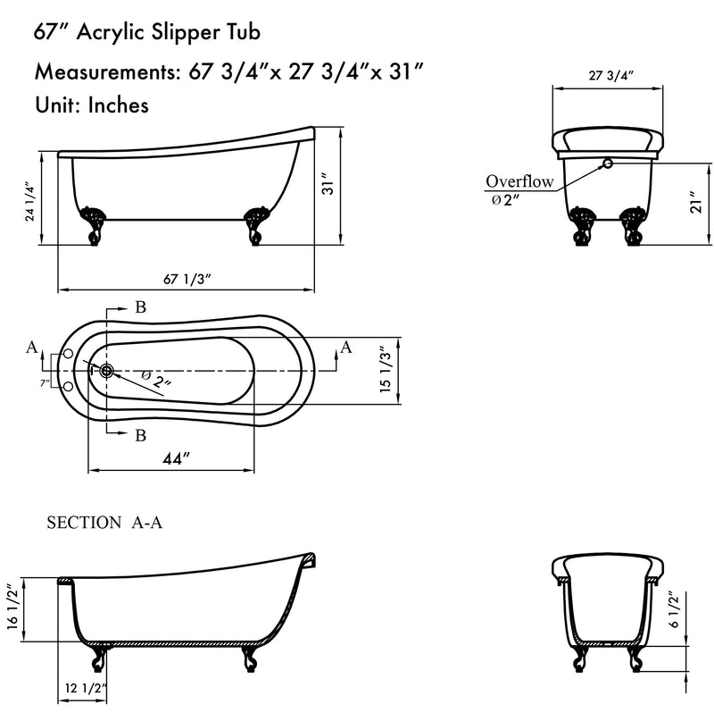 Cambridge Plumbing Acrylic Slipper Bathtub 67" x 28" 7" Deck Mount Drillings and PC Feet