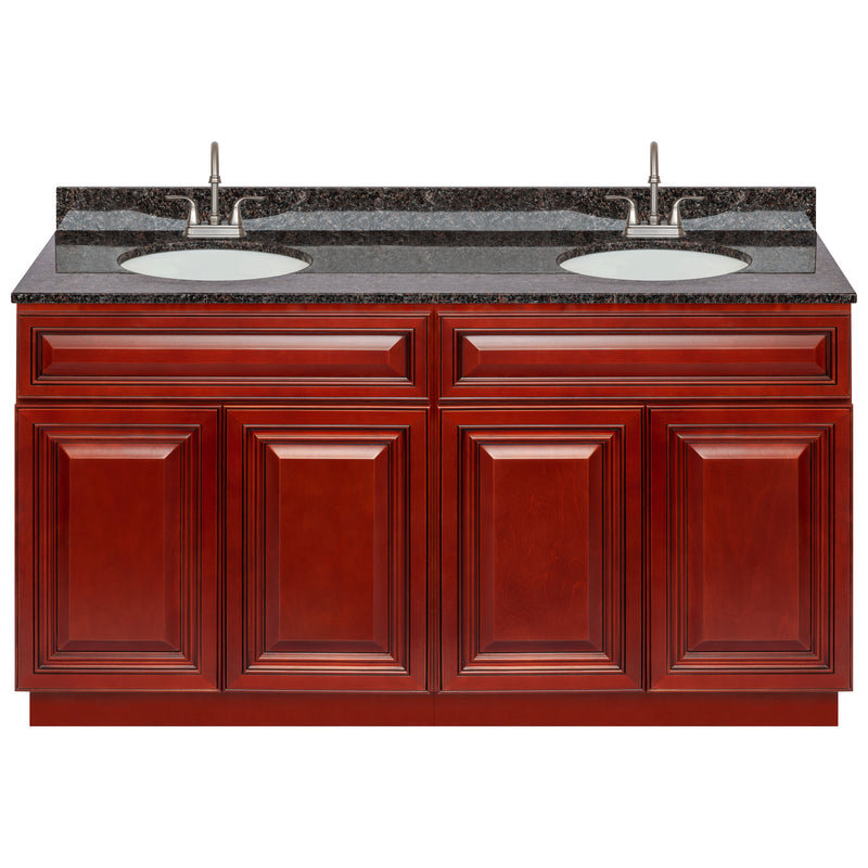 Cherry Double Bathroom Vanity 60", Tan Brown Granite Top, Faucet LB6B TB614-60CH-6B