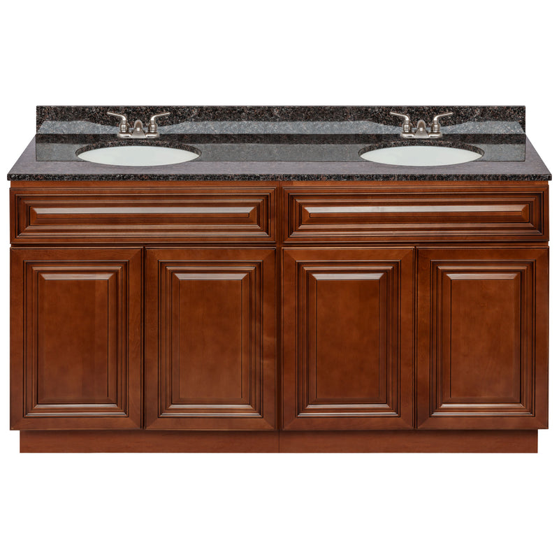 Brown Double Bathroom Vanity 60", Tan Brown Granite Top, Faucet LB3B TB614-60GN-3B