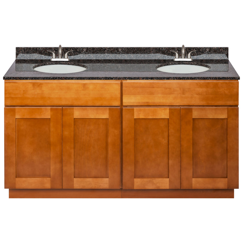 Brown Double Bathroom Vanity 60", Tan Brown Granite Top, Faucet LB5B TB614-60NP-5B