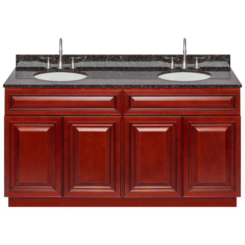 Cherry Double Bathroom Vanity 60", Tan Brown Granite Top, Faucet LB7B TB618-60CH-7B