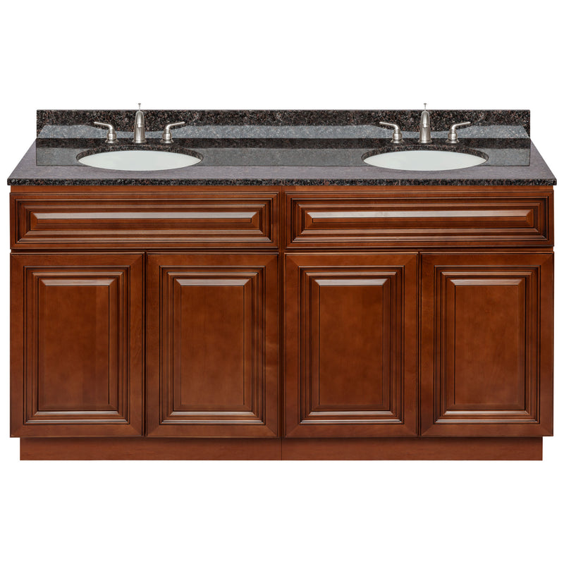 Brown Double Bathroom Vanity 60", Tan Brown Granite Top, Faucet LB4B TB618-60GN-4B