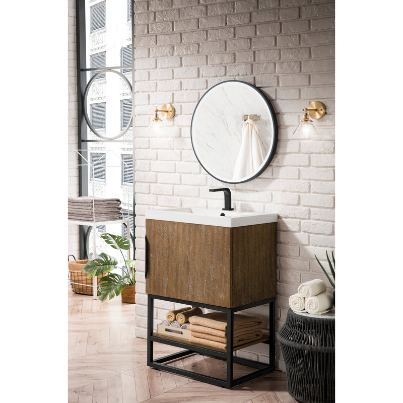 James Martin Columbia 24" Single Vanity Cabinet Latte Oak Matte Black with White Glossy Resin Countertop 388-V24-LTO-MBK-WG