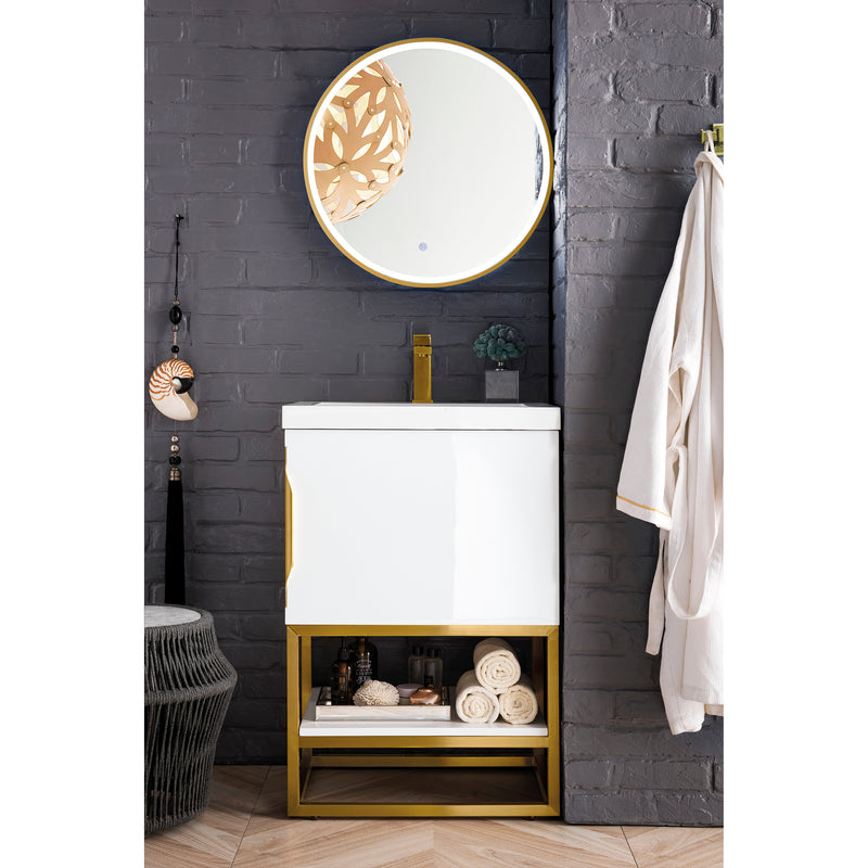 James Martin Columbia 24" Single Vanity Cabinet Glossy White Radiant Gold with White Glossy Resin Countertop 388-V24-GW-RGD-WG