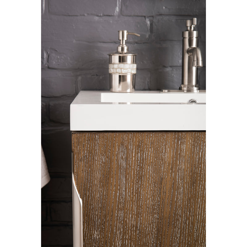 James Martin Columbia 24" Single Vanity Cabinet Latte Oak Brushed Nickel with White Glossy Resin Countertop 388-V24-LTO-BNK-WG