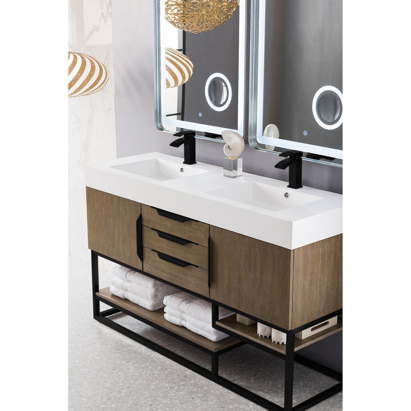 James Martin Columbia 59" Double Vanity Latte Oak Matte Black with Glossy White Composite Top 388-V59D-LTO-MB-GW