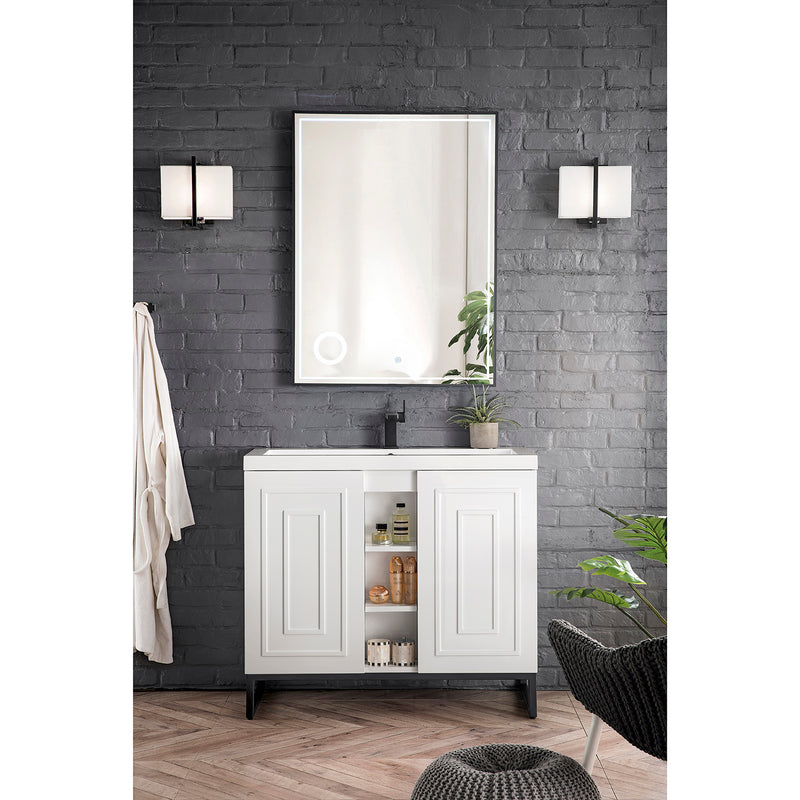 James Martin Alicante' 39.5" Single Vanity Cabinet Glossy White Matte Black with White Glossy Composite Countertop E110V39.5GWMBKWG