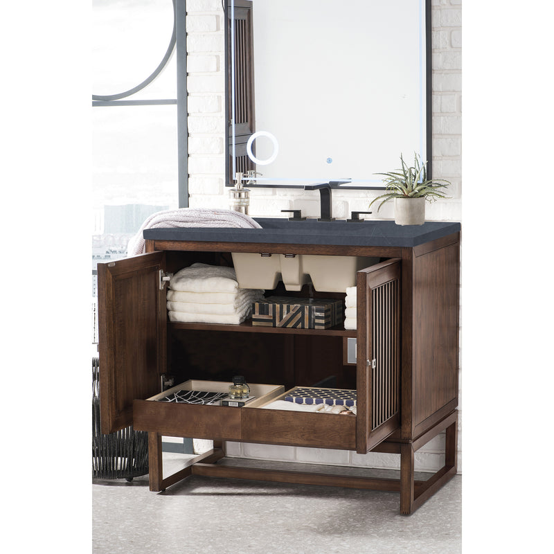 James Martin Athens 36" Single Vanity Cabinet Mid Century Acacia with 3 cm Charcoal Soapstone Quartz Top E645-V36-MCA-3CSP