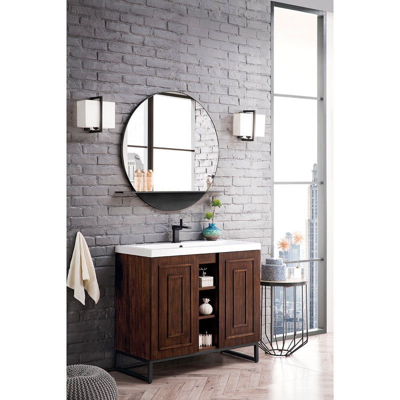 James Martin Alicante' 39.5" Single Vanity Cabinet Mid Century Acacia Matte Black with White Glossy Composite Countertop E110V39.5MCAMBKWG