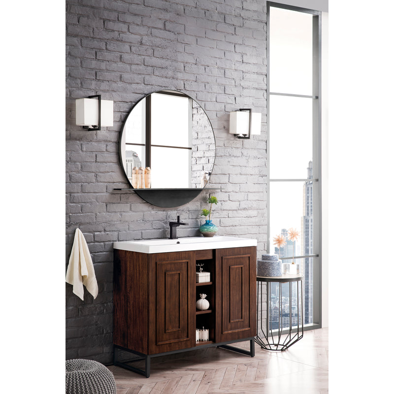 James Martin Alicante' 39.5" Single Vanity Cabinet Mid Century Acacia Matte Black with White Glossy Resin Countertop E110-V39.5-MCA-MBK-WG