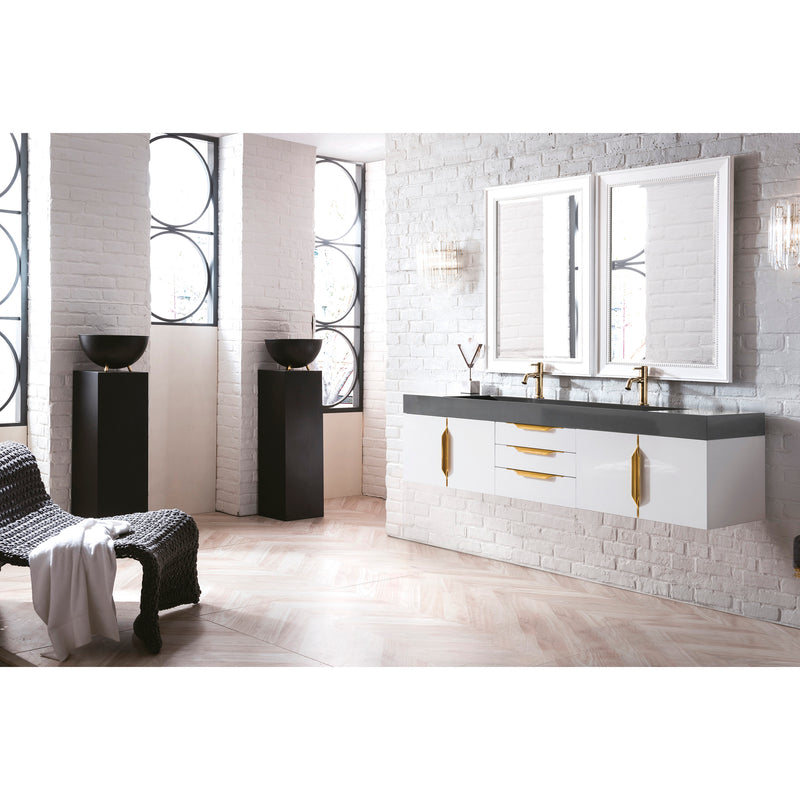 James Martin Mercer Island 72" Double Vanity Glossy White Radiant Gold with Dusk Gray Glossy Composite Top 389-V72D-GW-G-DGG