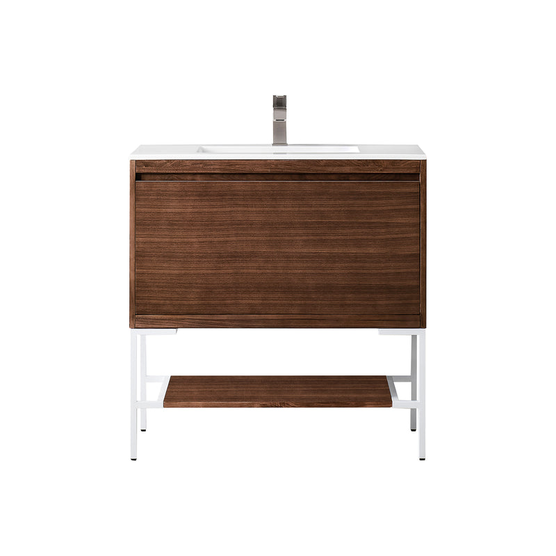 James Martin Milan 35.4" Single Vanity Cabinet Mid Century Walnut Glossy White with Glossy White Composite Top 801V35.4WLTGWGW