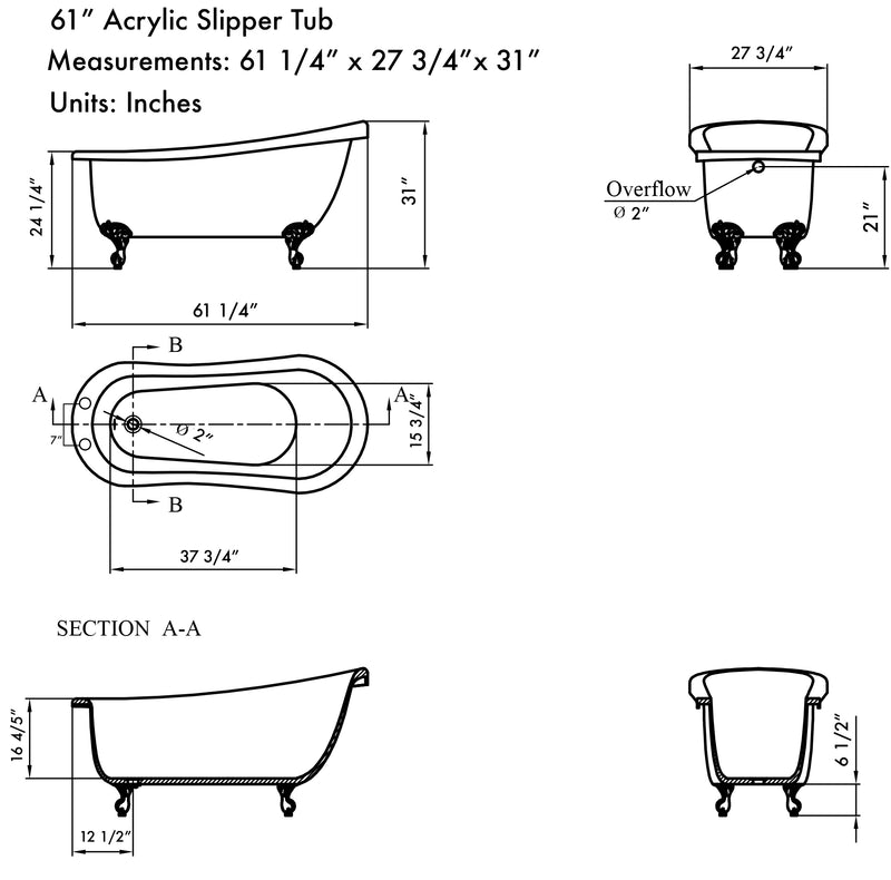 Cambridge Plumbing Acrylic Slipper Bathtub 61" x 28" 7" Deck Mount Drillings BRZ Feet