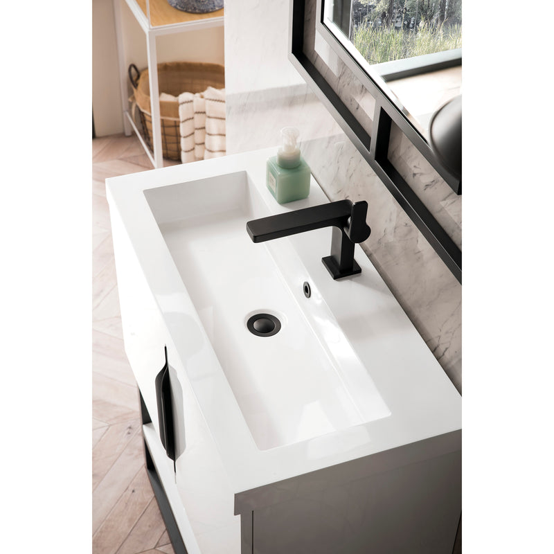 James Martin Columbia 31.5" Single Vanity Cabinet Glossy White Matte Black with White Glossy Resin Countertop 388-V31.5-GW-MBK-WG