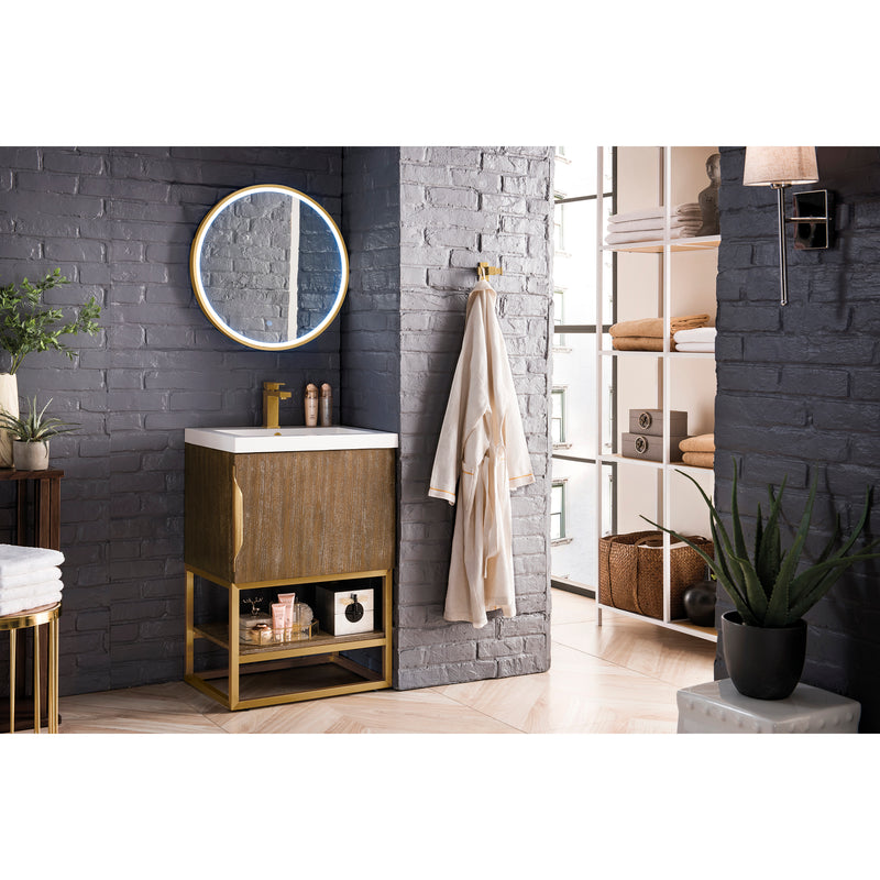 James Martin Columbia 24" Single Vanity Cabinet Latte Oak Radiant Gold with White Glossy Resin Countertop 388-V24-LTO-RGD-WG