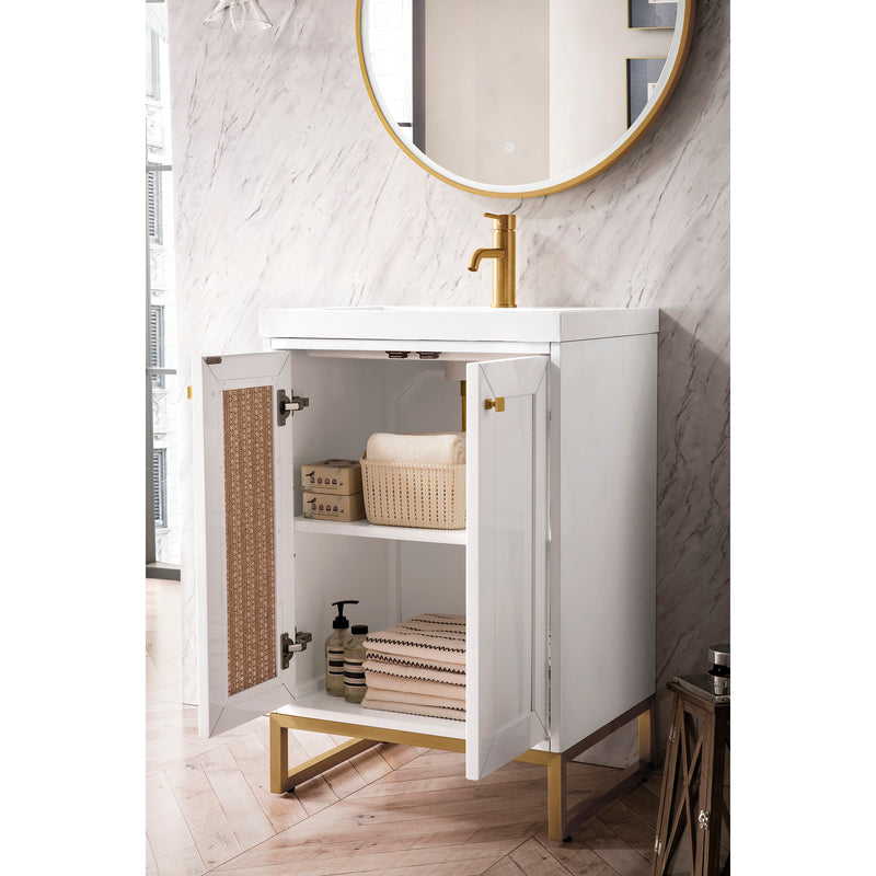 James Martin Chianti 24" Single Vanity Cabinet Glossy White Radiant Gold with White Glossy Resin Countertop E303-V24-GW-RGD-WG