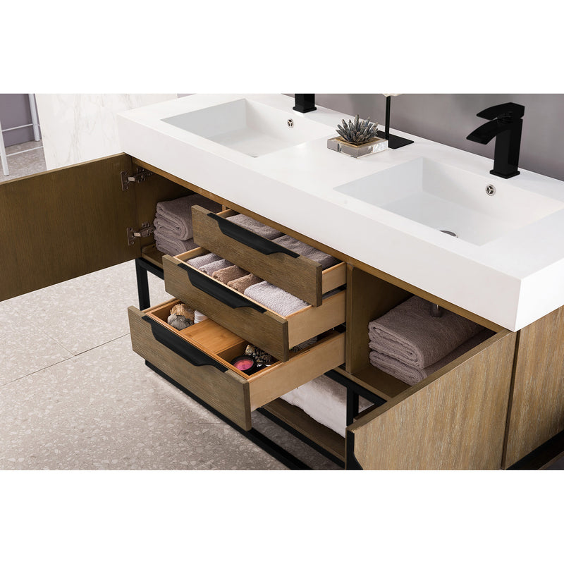 James Martin Columbia 59" Double Vanity Latte Oak Matte Black with Glossy White Composite Top 388-V59D-LTO-MB-GW