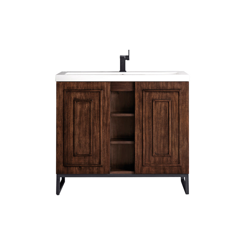 James Martin Alicante' 39.5" Single Vanity Cabinet Mid Century Acacia Matte Black with White Glossy Resin Countertop E110-V39.5-MCA-MBK-WG