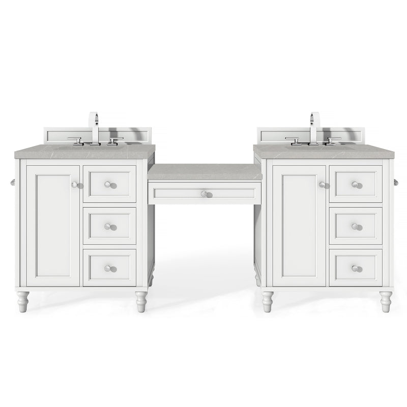 James Martin Copper Cove Encore 86" Double Vanity Set Bright White with Makeup Table 3 cm Eternal Serena Quartz Top 301-V86-BW-DU-3ESR