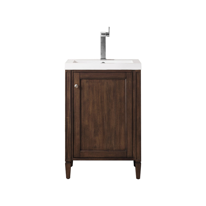 James Martin Britannia 24" Single Vanity Cabinet Mid Century Acacia with White Glossy Composite Countertop E652V24MCAWG