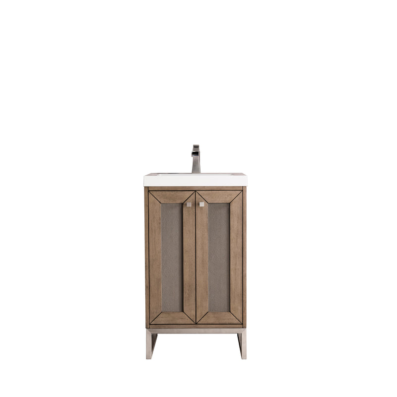 James Martin Chianti 20" Single Vanity Cabinet Whitewashed Walnut Brushed Nickel with White Glossy Resin Countertop E303-V20-WW-BNK-WG