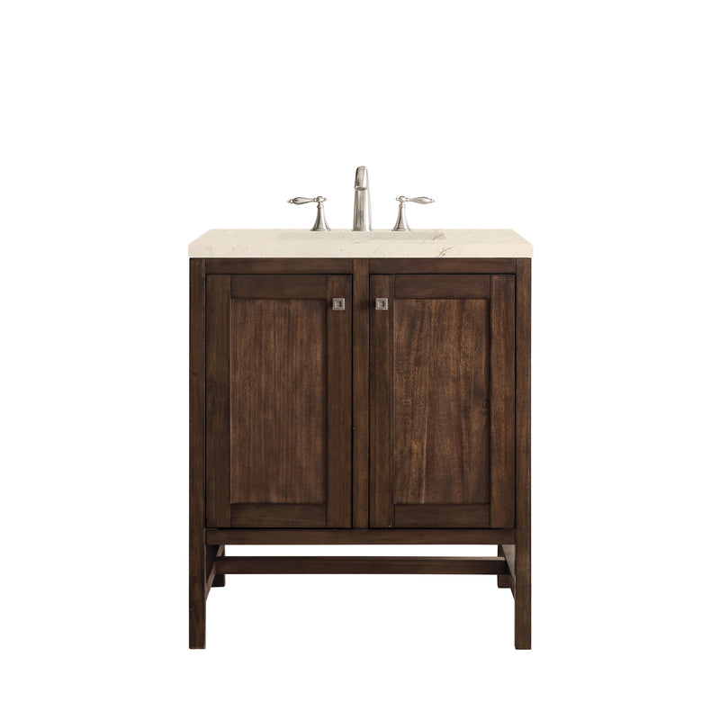 James Martin Addison 30" Single Vanity Cabinet with Doors Mid Century Acacia with 3 cm Eternal Marfil Quartz Top E445-V30-MCA-3EMR