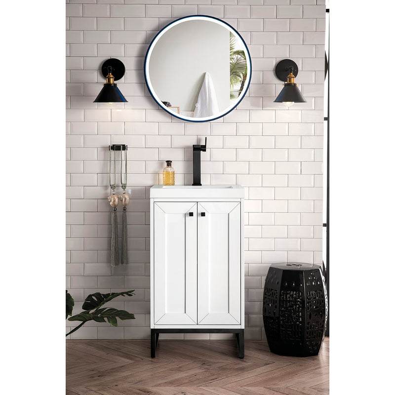 James Martin Chianti 20" Single Vanity Cabinet Glossy White Matte Black with White Glossy Composite Countertop E303V20GWMBKWG