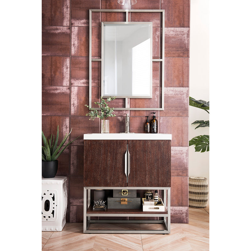 James Martin Columbia 31.5" Single Vanity Cabinet Coffee Oak Brushed Nickel with White Glossy Composite Countertop 388V31.5CFOBNKWG