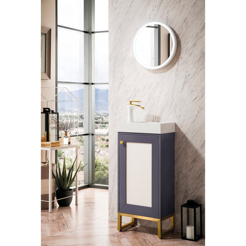 James Martin Chianti 16" Single Vanity Cabinet Mineral Gray Radiant Gold with White Glossy Resin Countertop E303-V16-MG-RGD-WG