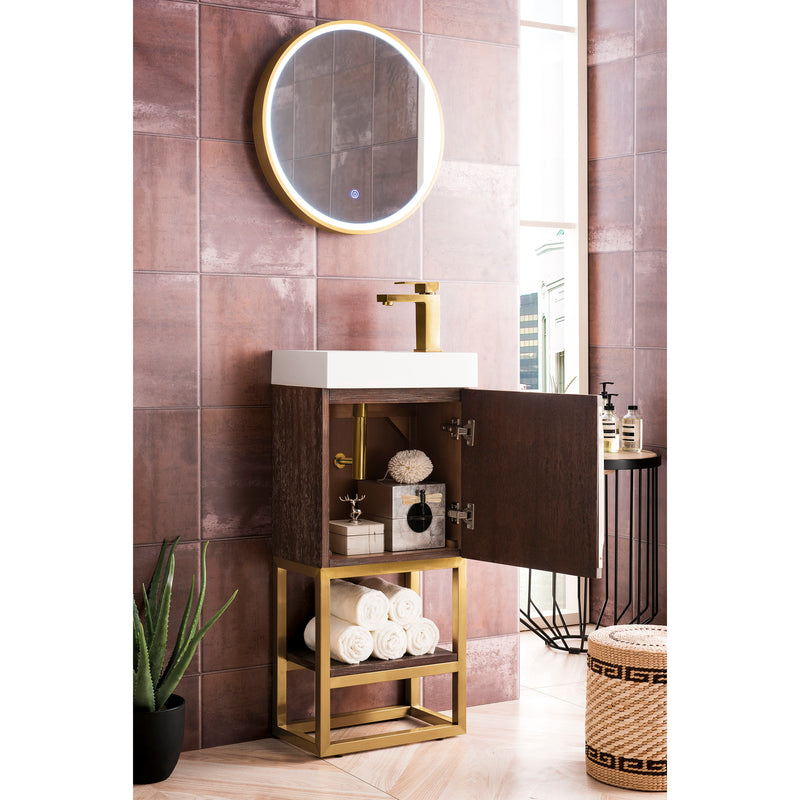 James Martin Columbia 16" Single Vanity Cabinet Coffee Oak Radiant Gold with White Glossy Resin Countertop 388-V16-CFO-RGD-WG