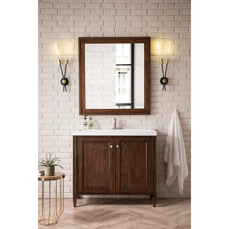 James Martin Britannia 39.5" Single Vanity Cabinet Mid Century Acacia with White Glossy Composite Countertop E652V39.5MCAWG