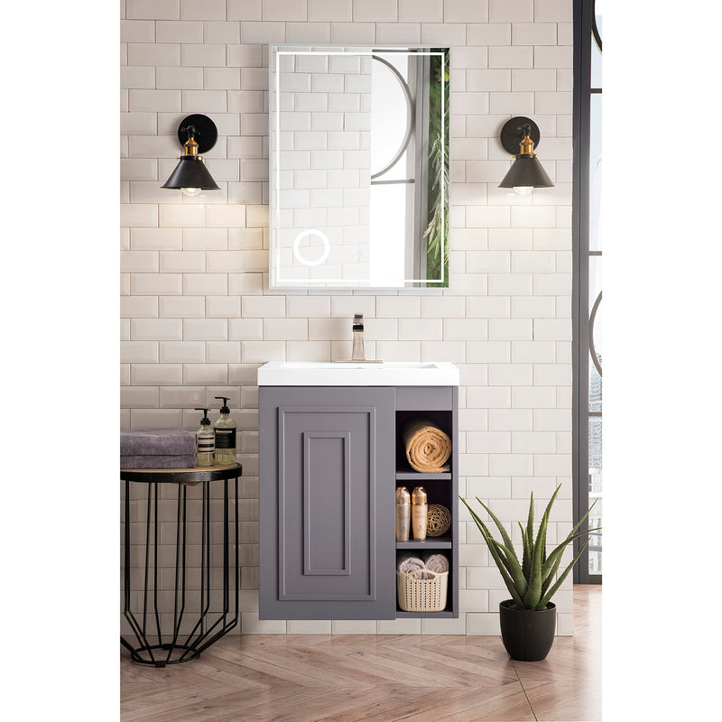 James Martin Alicante' 24" Single Vanity Cabinet Gray Smoke with White Glossy Composite Countertop E110V24GSMWG