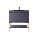 James Martin Milan 35.4" Single Vanity Cabinet Modern Grey Glossy Radiant Gold with Charcoal Black Composite Top 801V35.4MGGRGDCHB