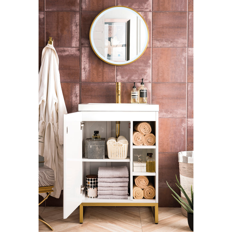 James Martin Alicante' 24" Single Vanity Cabinet Glossy White Radiant Gold with White Glossy Resin Countertop E110-V24-GW-RGD-WG