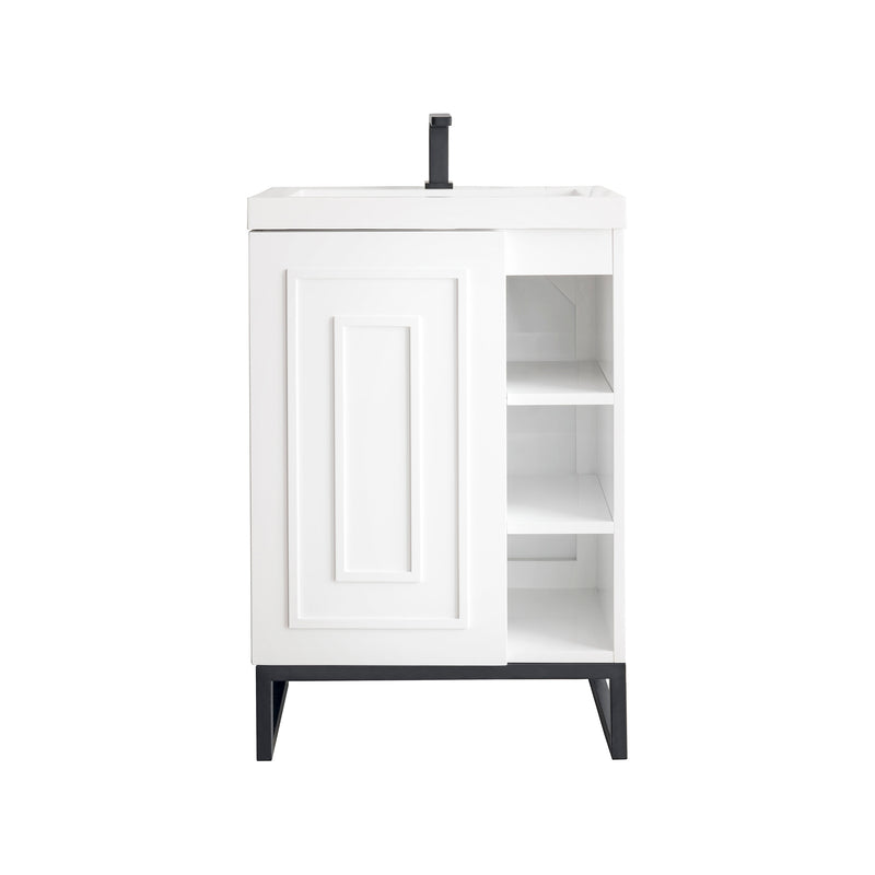 James Martin Alicante' 24" Single Vanity Cabinet Glossy White Matte Black with White Glossy Resin Countertop E110-V24-GW-MBK-WG