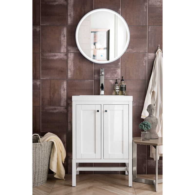 James Martin Addison 24" Single Vanity Cabinet with Doors Glossy White with White Glossy Resin Countertop E445-V24-GW-WG