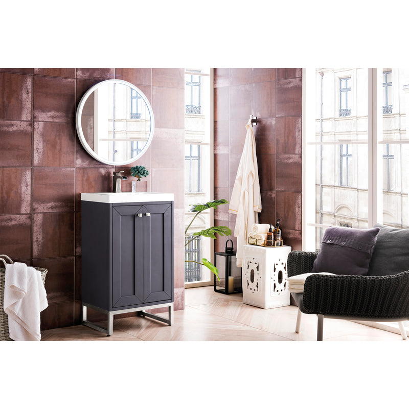 James Martin Chianti 20" Single Vanity Cabinet Mineral Gray Brushed Nickel with White Glossy Resin Countertop E303-V20-MG-BNK-WG