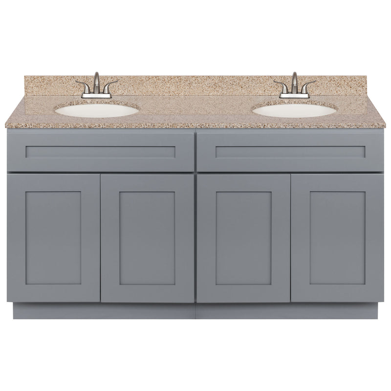 Cherry Double Bathroom Vanity 60", Wheat Granite Top, Faucet LB5B WH614-60CG-5B