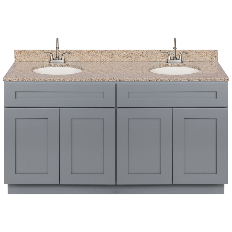 Cherry Double Bathroom Vanity 60", Wheat Granite Top, Faucet LB6B WH614-60CG-6B