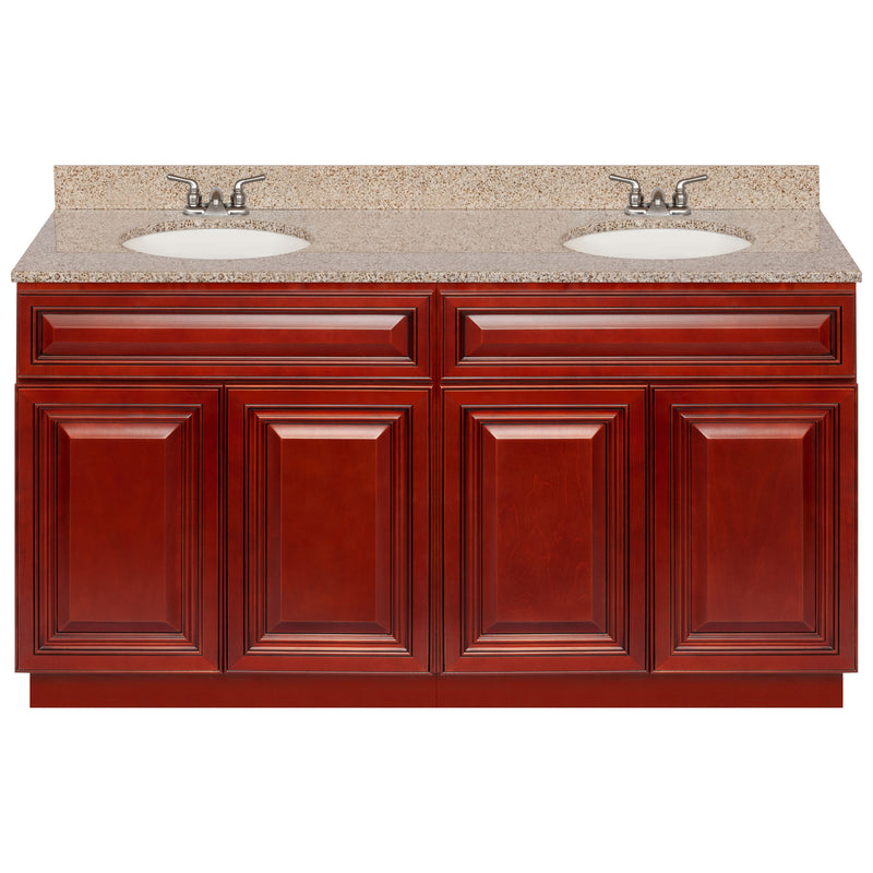 Cherry Double Bathroom Vanity 60", Wheat Granite Top, Faucet LB3B WH614-60CH-3B