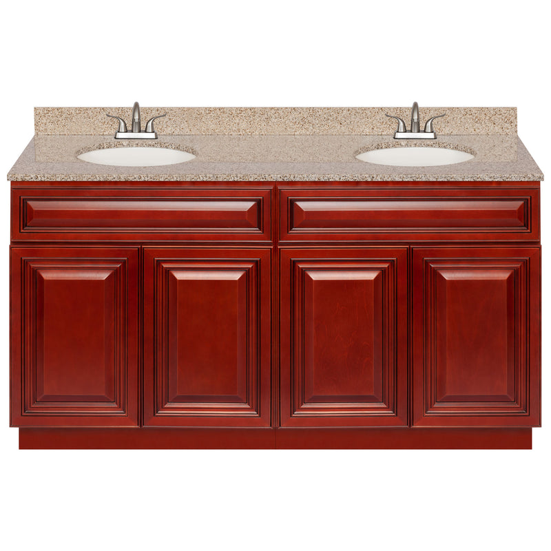 Cherry Double Bathroom Vanity 60", Wheat Granite Top, Faucet LB5B WH614-60CH-5B