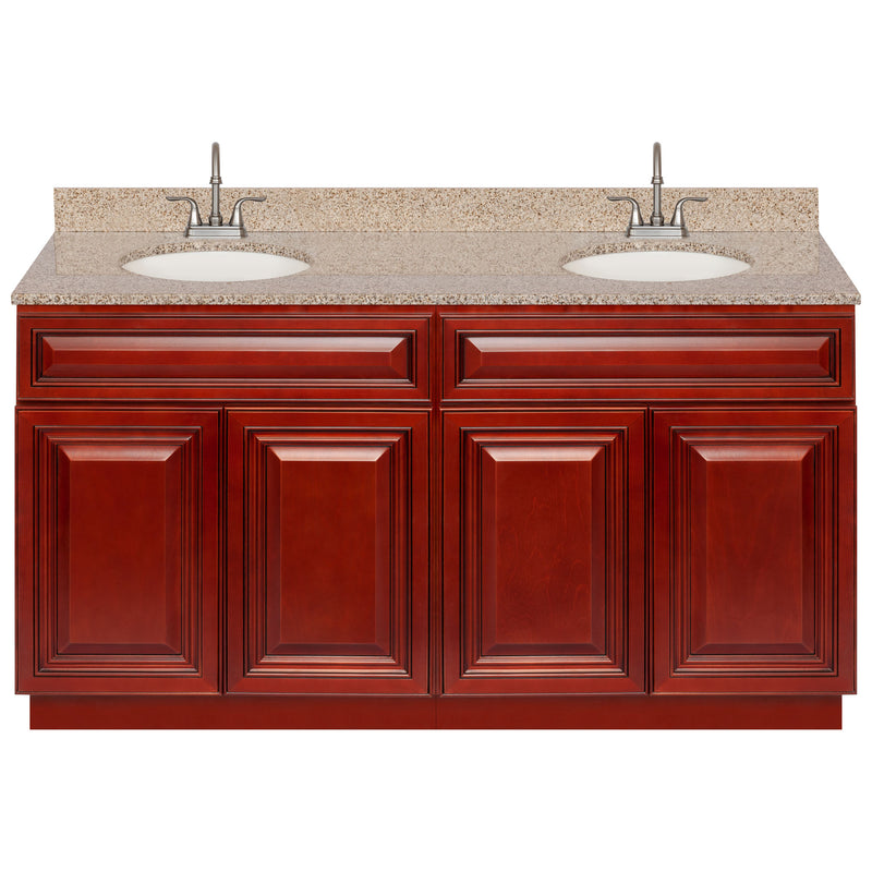 Cherry Double Bathroom Vanity 60", Wheat Granite Top, Faucet LB6B WH614-60CH-6B