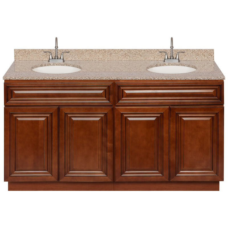 Brown Double Bathroom Vanity 60", Wheat Granite Top, Faucet LB6B WH614-60GN-6B