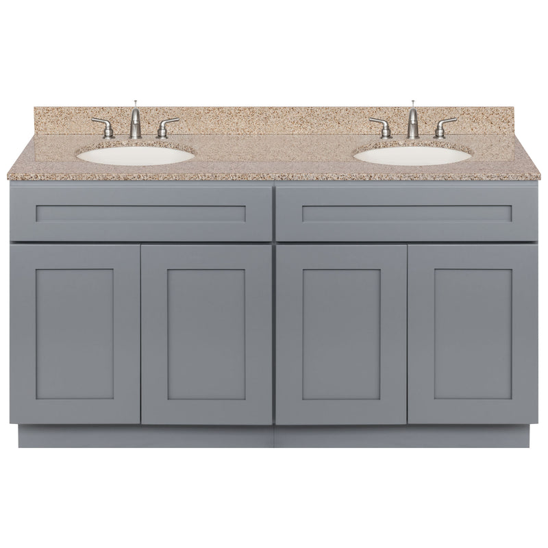 Cherry Double Bathroom Vanity 60", Wheat Granite Top, Faucet LB4B WH618-60CG-4B