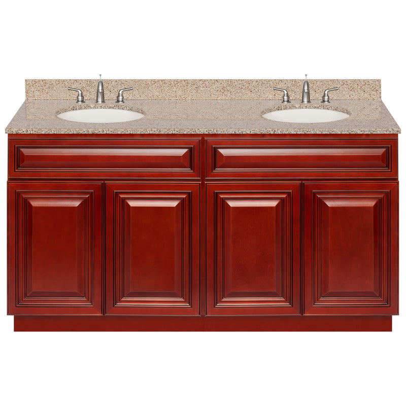 Cherry Double Bathroom Vanity 60", Wheat Granite Top, Faucet LB4B WH618-60CH-4B