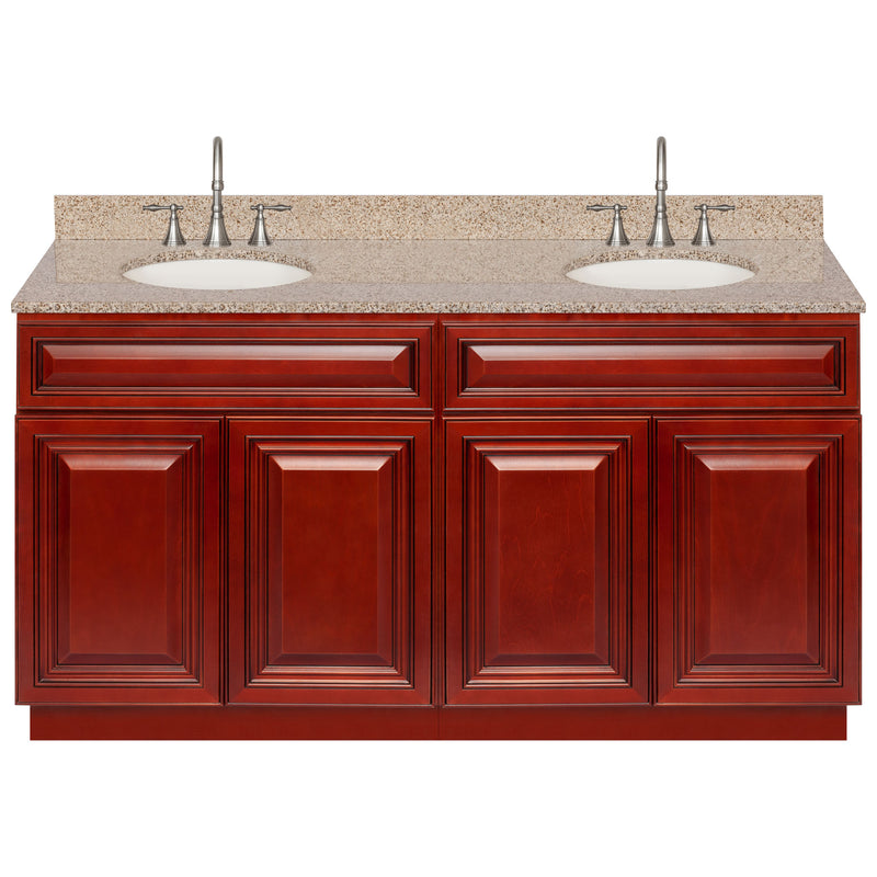 Cherry Double Bathroom Vanity 60", Wheat Granite Top, Faucet LB7B WH618-60CH-7B