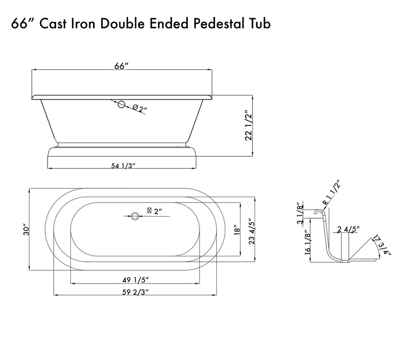 Cambridge Plumbing Cast Iron Double Ended Tub 66" x 30" No Faucet Drillings