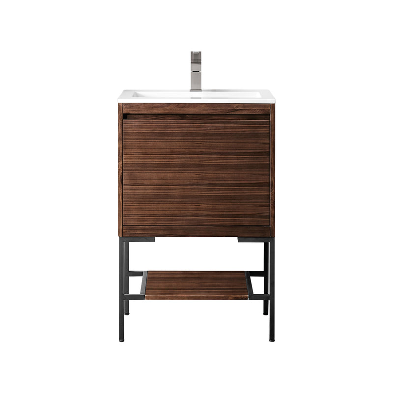 James Martin Milan 23.6" Single Vanity Cabinet Mid Century Walnut Matte Black with Glossy White Composite Top 801V23.6WLTMBKGW