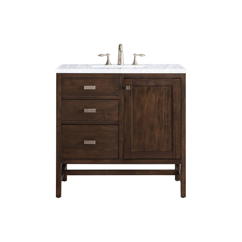 James Martin Addison 36" Single Vanity Cabinet Mid Century Acacia with 3 cm Carrara White Top E444-V36-MCA-3CAR